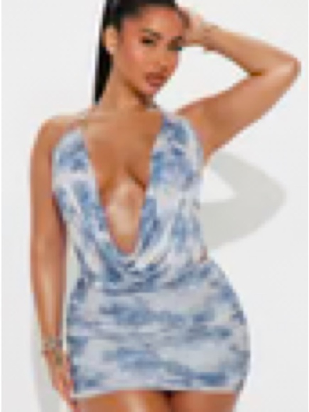 Fashion Nova Blue Tie-Dye Deep Plunge Mini Dress